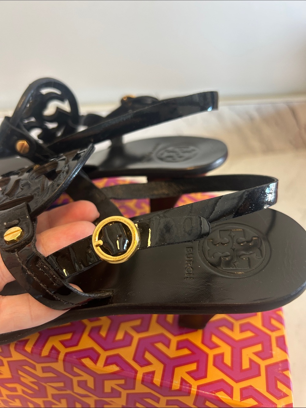 Tory Burch holly black Logo-Sandals with 2 inch heel and Gold Accents - Picture 4 of 10